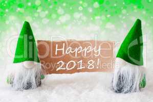 Green Natural Gnomes With Card, Text Happy 2018