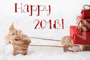 Reindeer With Sled On Snow, Text Happy 2018