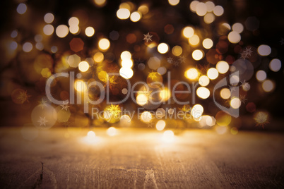 Golden Christmas Lights Background, Party Texture With Wood