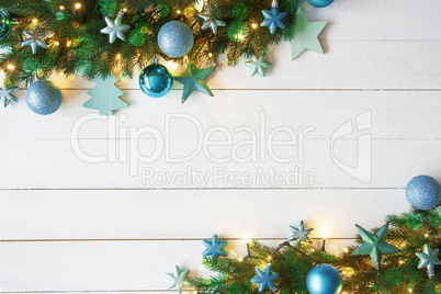 Turquoise Christmas Banner, Frame, Fir Branches, Copy Space, Bokeh