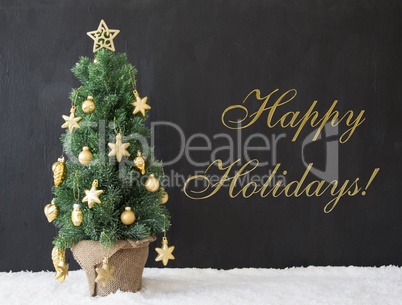 Christmas Tree, Text Happy Holidays, Black Concrete