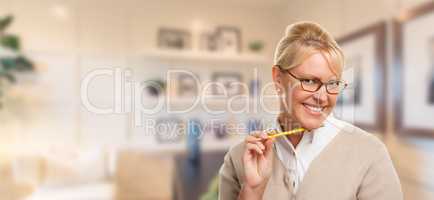 Beautiful Expressive Student or Businesswoman with Pencil in Off