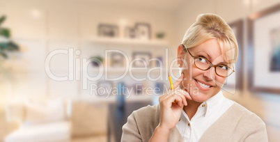 Beautiful Expressive Student or Businesswoman with Pencil in Off