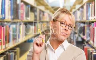 Beautiful Expressive Student or Teacher with Pencil in Library.