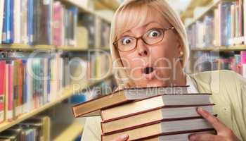 Beautiful Expressive Student or Teacher with Books in Library.