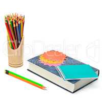 Book, pencils, notebook and stickers isolated on white