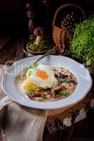 Forest mushroom sauce with fresh mushrooms, potato and poached e