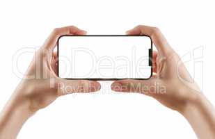 hands holding black smart phone on white clipping path inside