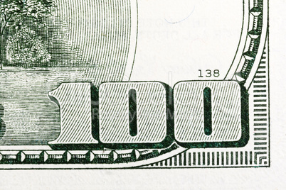 Macro shot of 100 dollar bill US money.