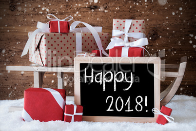 Sleigh With Gifts, Snow, Snowflakes, Text Happy 2018