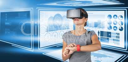 Composite image of young woman standing while using virtual video glasses