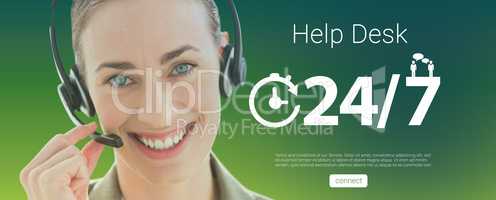 Composite image of smiling businesswoman with headset looking at camera