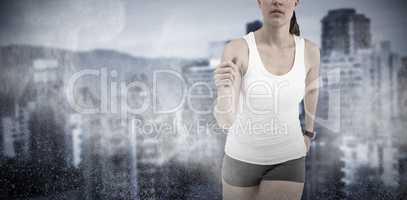 Composite image of athlete woman running on white background