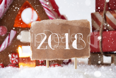 Gingerbread House With Sled, Snowflakes, Text 2018