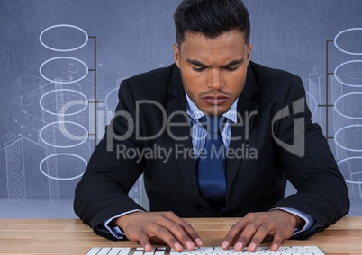 Businessman typing on keyboard with mind map