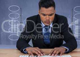 Businessman typing on keyboard with mind map
