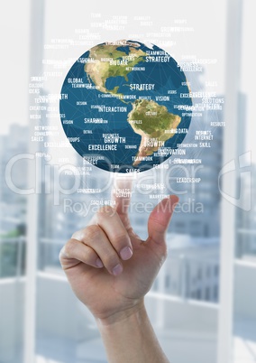 Hand pointing a globe with connectors