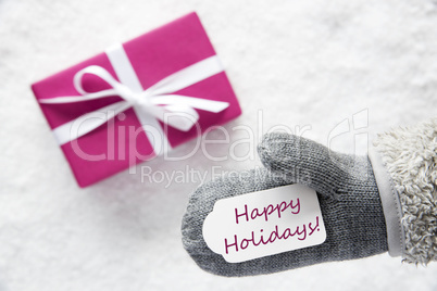 Pink Gift, Glove, Text Happy Holidays