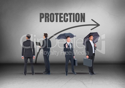 Protection text and Group of Businessmen with umbrellas looking in opposite directions