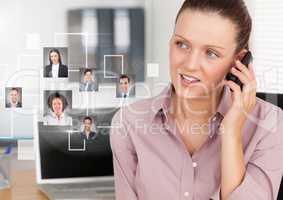 Woman holding phone with Profile portraits of people contacts