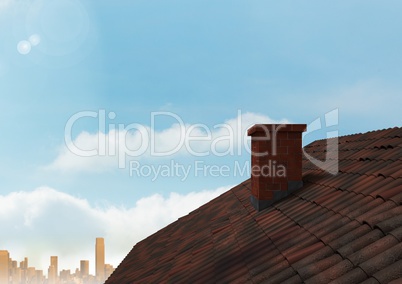 Roof with chimney and city under sky