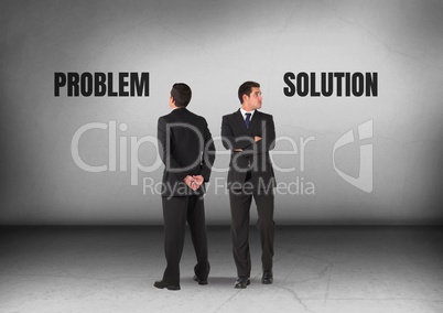 Problem or solution text with Businessman looking in opposite directions