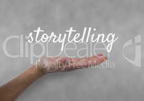Hand interacting with storytelling business text against grey background