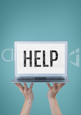 Business woman holding a computer with help text