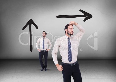 Left or right arrows drawings with Businessman looking in opposite directions