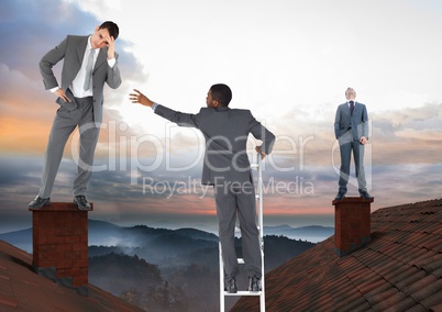 Businessman climbing ladder and Businessmen standing on Roofs with chimney and colorful landscape