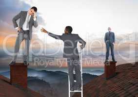 Businessman climbing ladder and Businessmen standing on Roofs with chimney and colorful landscape