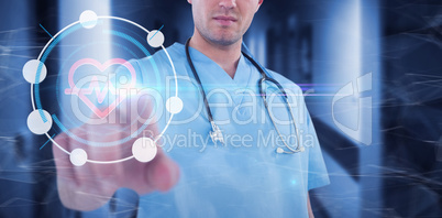 Composite image of surgeon pretending to be using futuristic digital screen