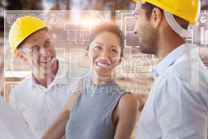 Composite image of happy architect discussing over blueprint
