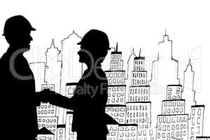 Business people shaking hands silhouette against city illustration