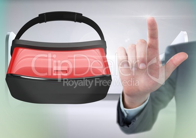 Hand touching and interacting with virtual reality headset with transition effect