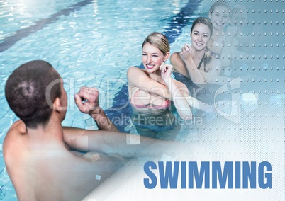 Swimming text and Swimming teacher with class