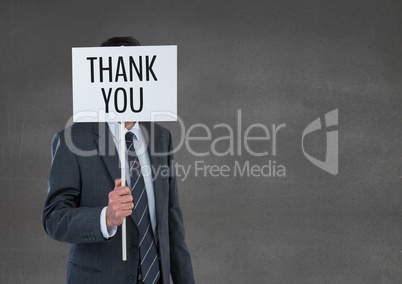 Business man holding a card with thank you text