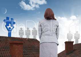 People icons with puzzle piece Businesswoman standing on Roofs with chimney and and blue sky