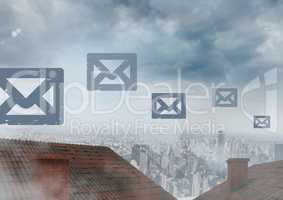 Email icons floating over roofs and city