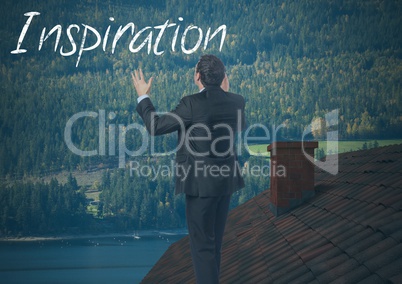 Inspiration text and Businessman standing on Roof with chimney and forest mountain