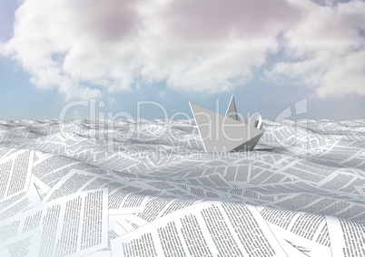 sea of documents under sky clouds with paper boat
