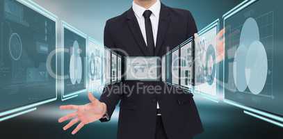 Composite image of businessman standing with hands spread out