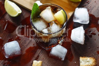 Rum with ice. Cocktail, whiskey
