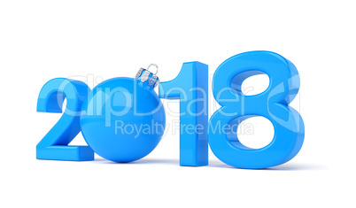 3d render - 2018 in letters with a blue christmas ball as Zero o