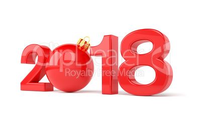 3d render - 2018 in letters with a red christmas ball as Zero ov