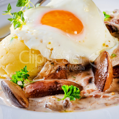 Forest mushroom sauce with fresh mushrooms, potato and poached e