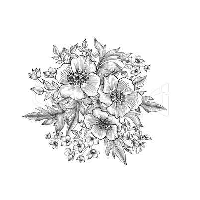 Floral background. Flowers and leaves engraving. Summer flowers