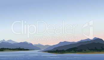 Rural landscape with hills, lake. Mountain skyline Waterfront view