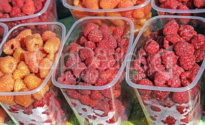 Raspberries in containers for sale.