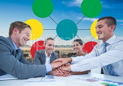 Group meeting and Colorful mind map over city background